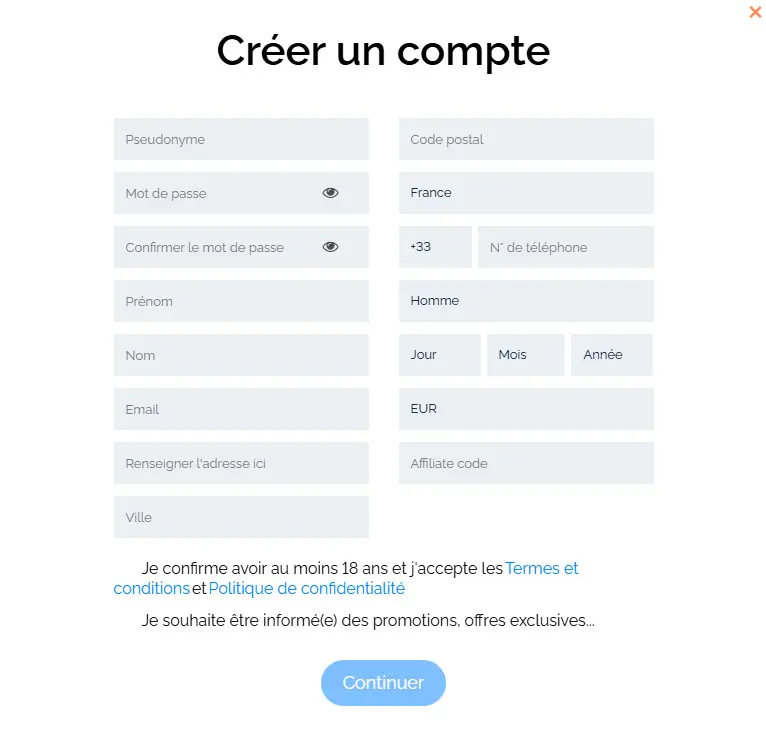 Processus d'inscription WIN UNIQUE CASINO